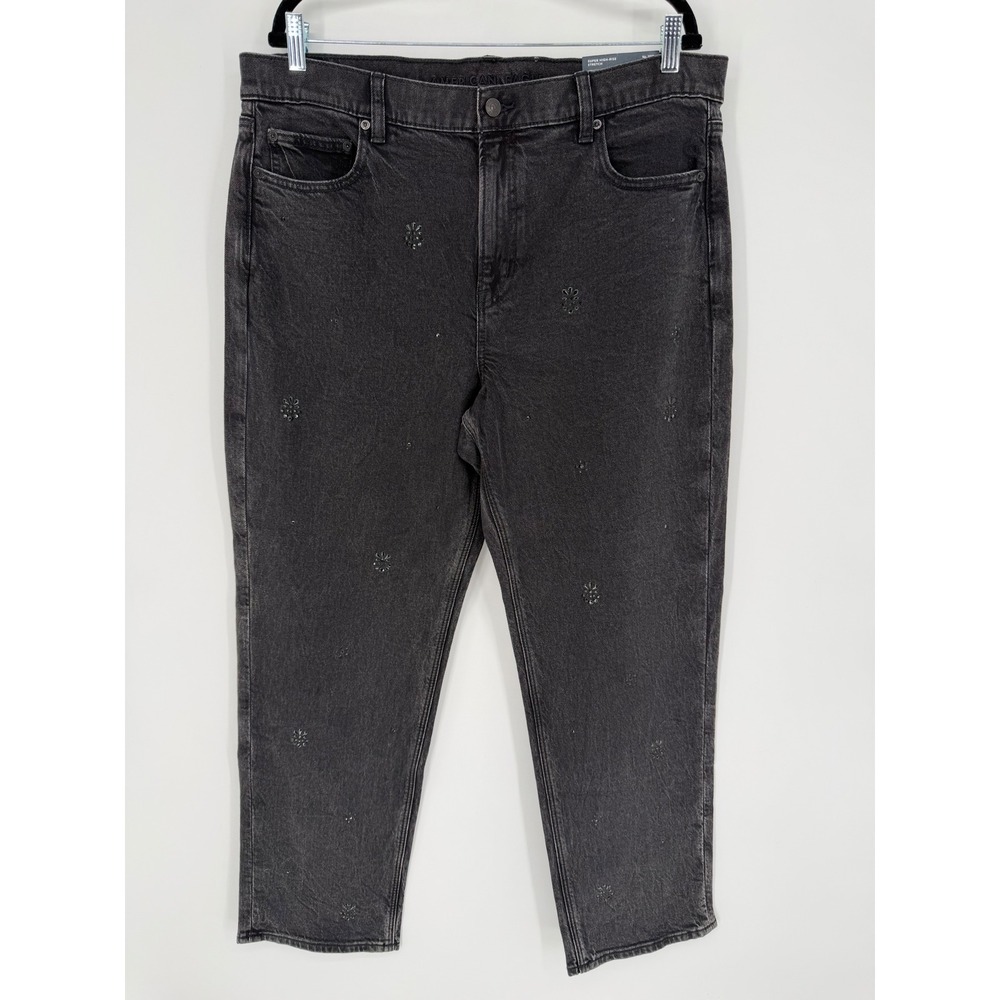 AMERICAN EAGLE SUPER HIGH RISE EMBELLISHED STRAIGHT JEAN FADE TO BLACK NWT SZ 16